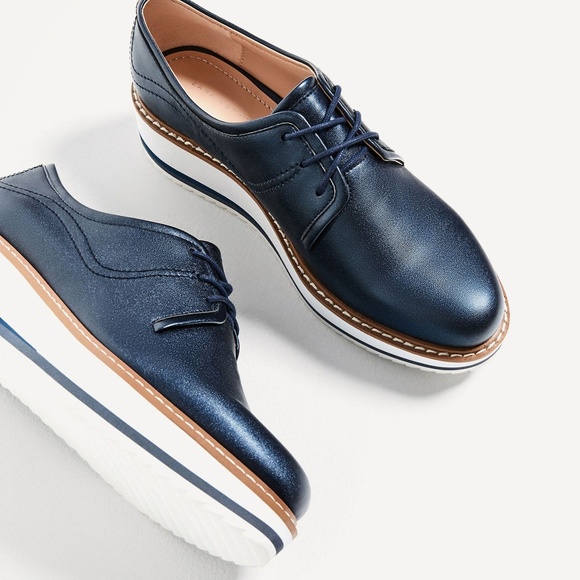 Zara Shoes - WOMEN'S Zara Metallic Matte Blue Platform Bluchers
